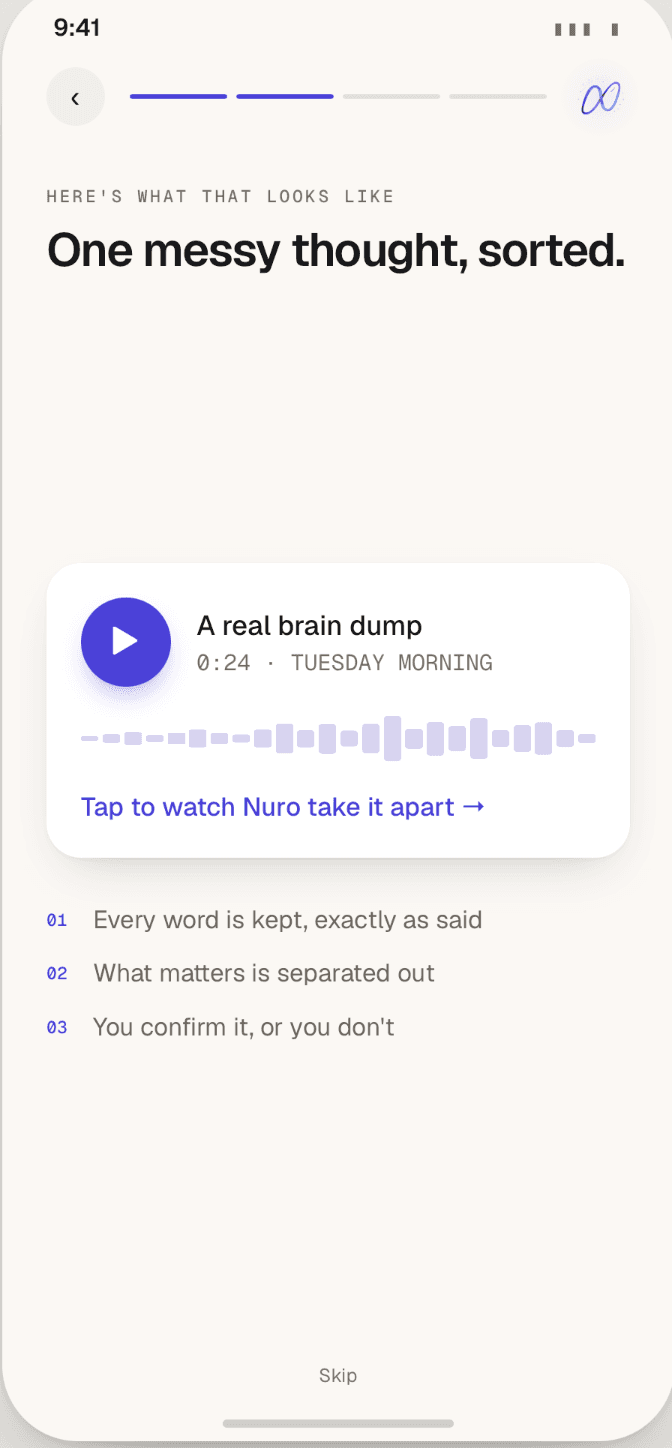 Nuro 3.0 preview showing a real brain dump ready to be separated into useful parts
