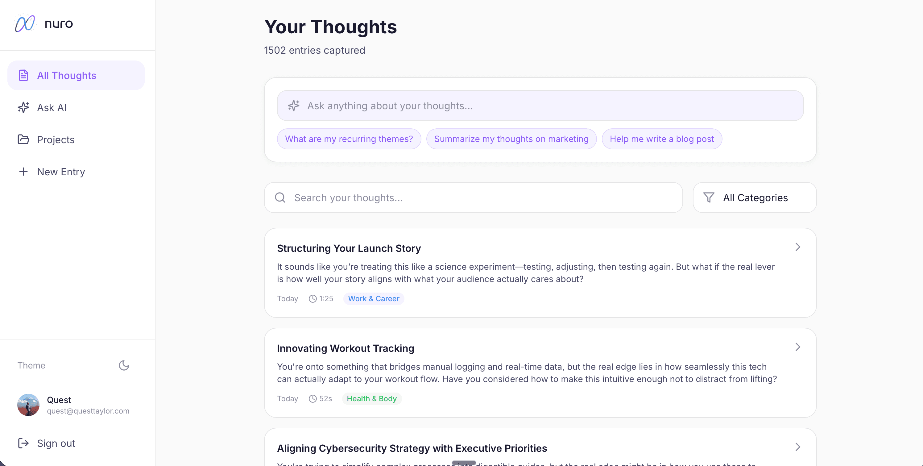 Nuro web app showing saved entries, search, and Ask Nuro